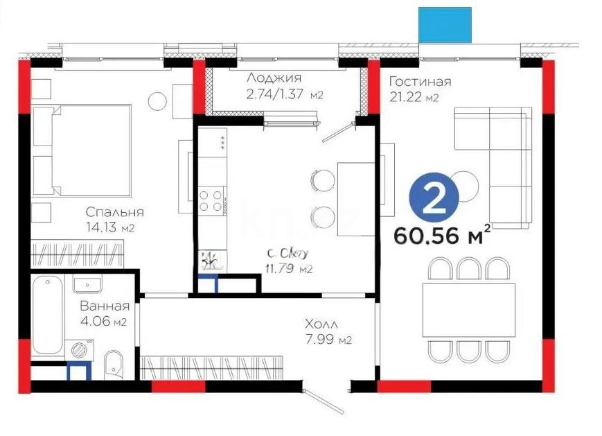 Продажа 2-комнатной квартиры, 60.56 м² в Астане