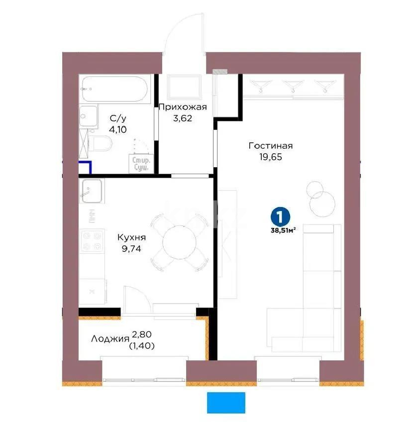 Продажа 1-комнатной квартиры, 38.51 м², ул. Чокина, дом  4 в Астане
