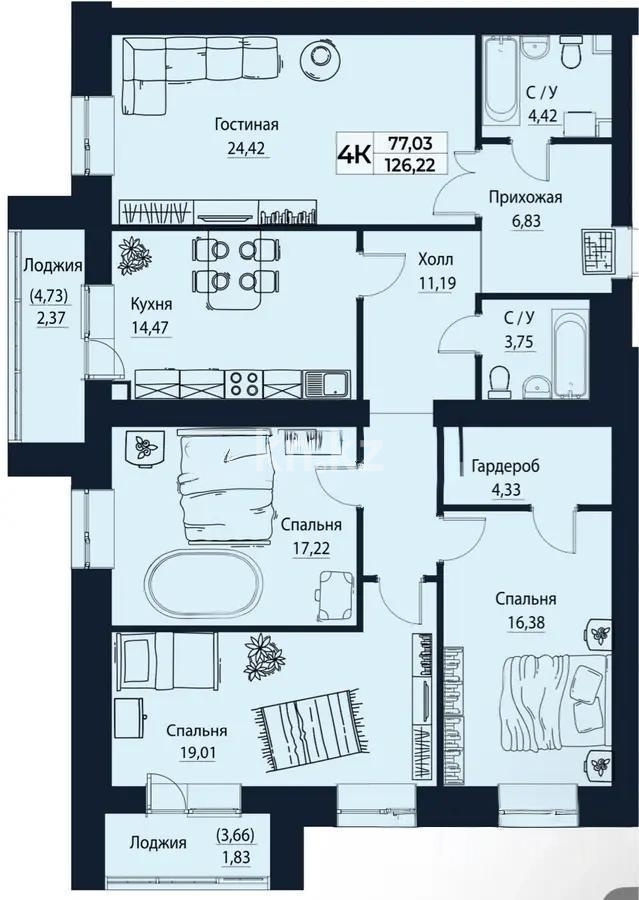 Продажа 4-комнатной квартиры, 126.22 м² в Астане