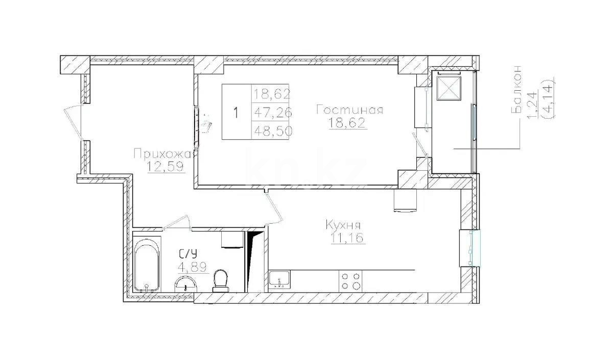 Продажа 1-комнатной квартиры, 48.5 м² в Астане