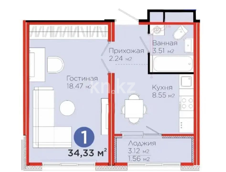 Продажа 1-комнатной квартиры, 34.33 м², ул. Толе би, дом  24 в Астане