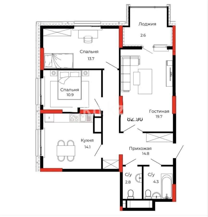 Продажа 3-комнатной квартиры, 82.9 м² в Астане