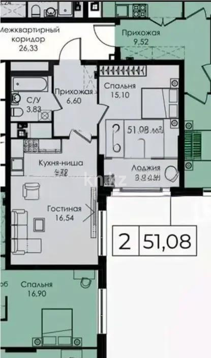 Продажа 2-комнатной квартиры, 52 м², пр. Улы Дала, дом  29/1 в Астане
