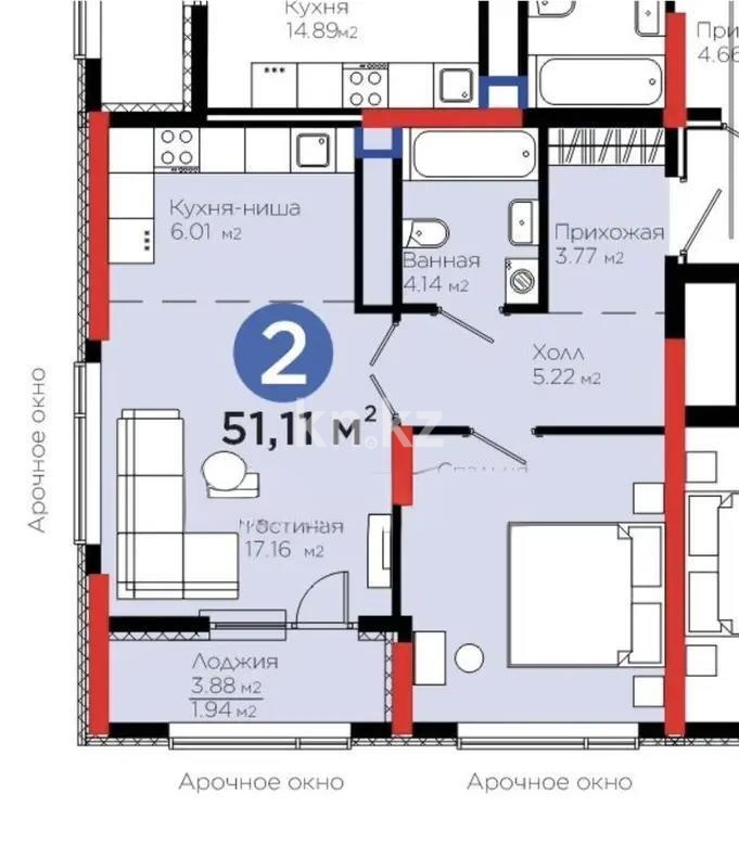 Продажа 2-комнатной квартиры, 52 м² в Астане