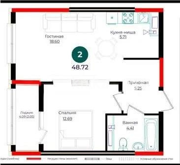 Продажа 2-комнатной квартиры, 48.72 м² в Астане
