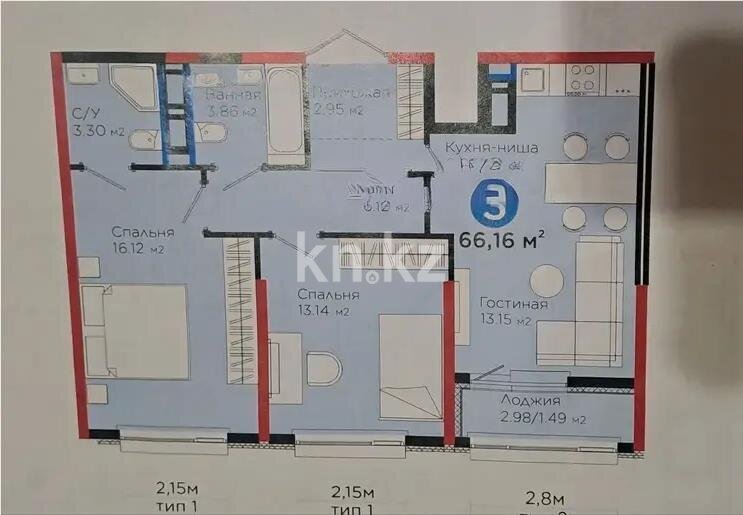 Продажа 3-комнатной квартиры, 66.16 м² в Астане
