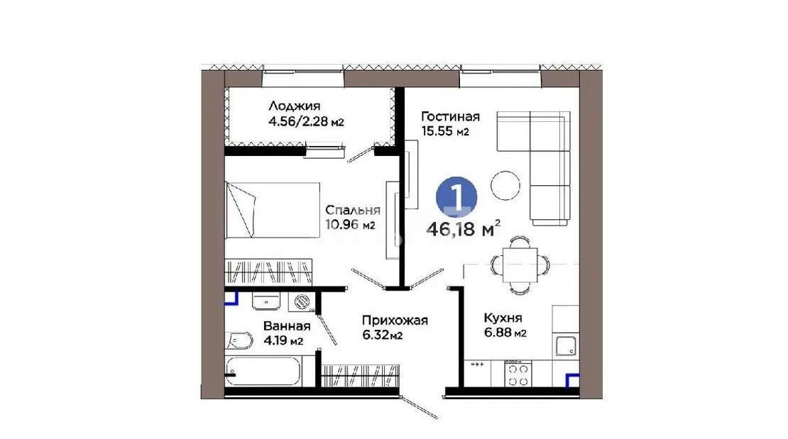 Продажа 2-комнатной квартиры, 46.18 м² в Астане