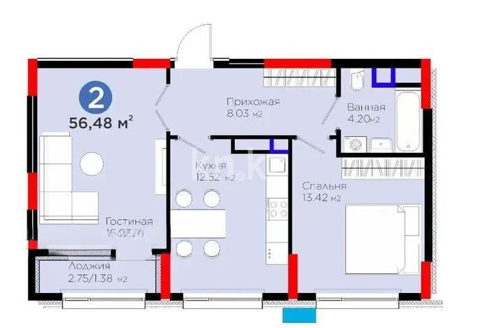 Продажа 2-комнатной квартиры, 58 м² в Астане