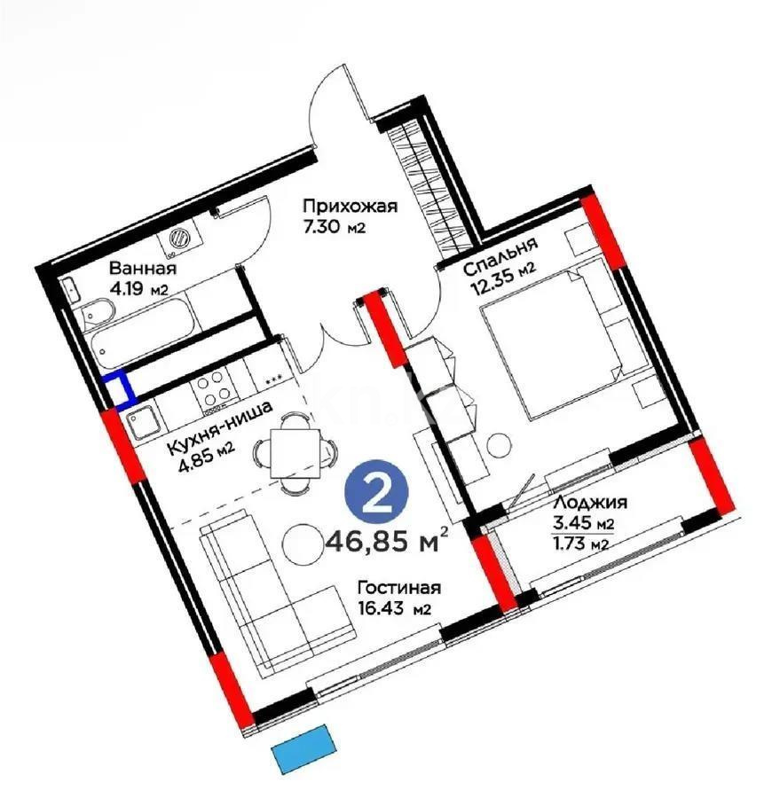 Продажа 2-комнатной квартиры, 46.85 м², ул. Бухар жырау, дом  33 в Астане