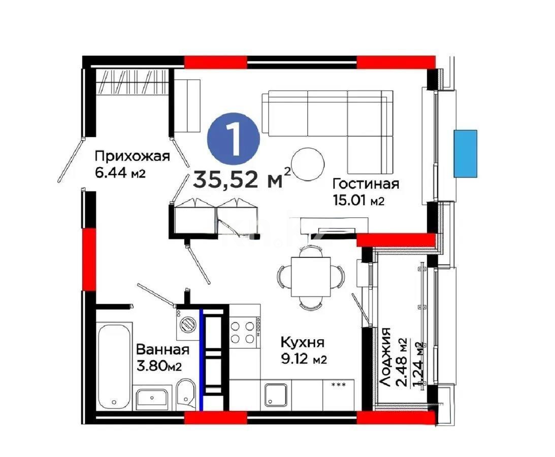 Продажа 1-комнатной квартиры, 35.52 м² в Астане