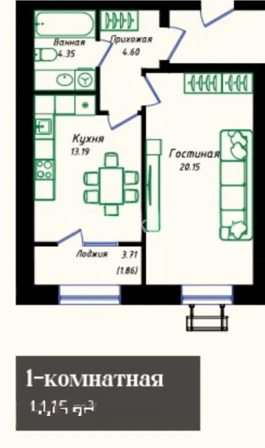 Продажа 1-комнатной квартиры, 44.15 м² в Астане