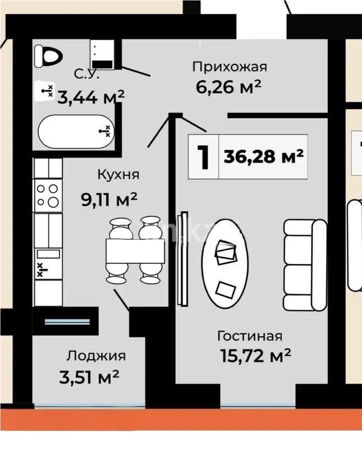 Продажа 1-комнатной квартиры, 36.28 м² в Астане