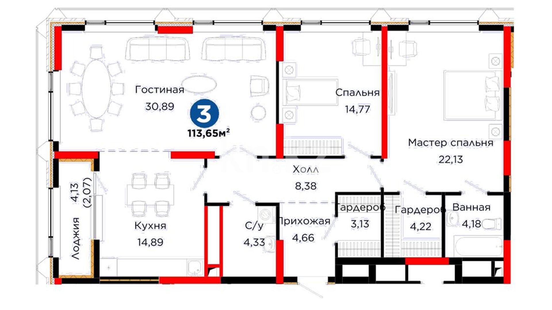 ЖК Qasteev, 3-комнатная, цена 120 415 360 ₸, 1 066 000 ₸&nbsp;/&nbsp;м²