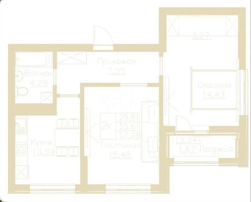 Продажа 2-комнатной квартиры, 57.28 м² в Астане