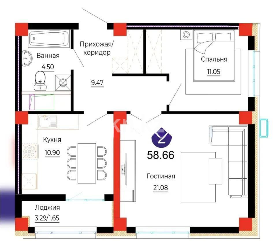 Продажа 2-комнатной квартиры, 58.66 м², ул. Е-882, дом  7 в Астане