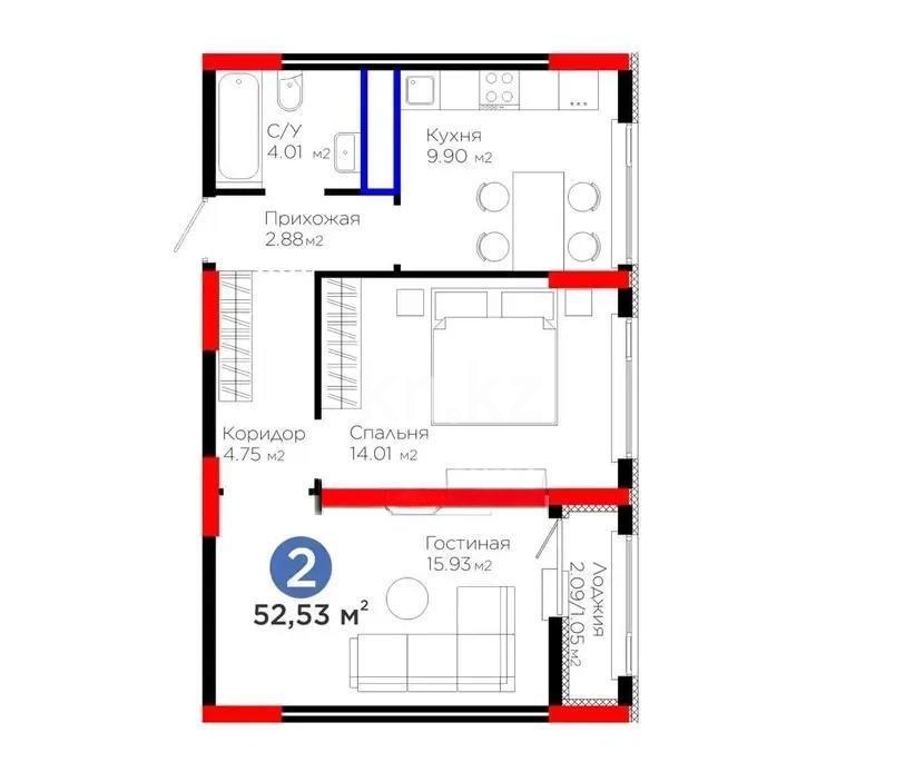 Продажа 2-комнатной квартиры, 52.59 м² в Астане