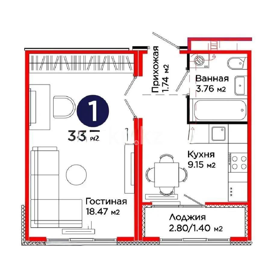 Продажа 1-комнатной квартиры, 34.52 м² в Астане