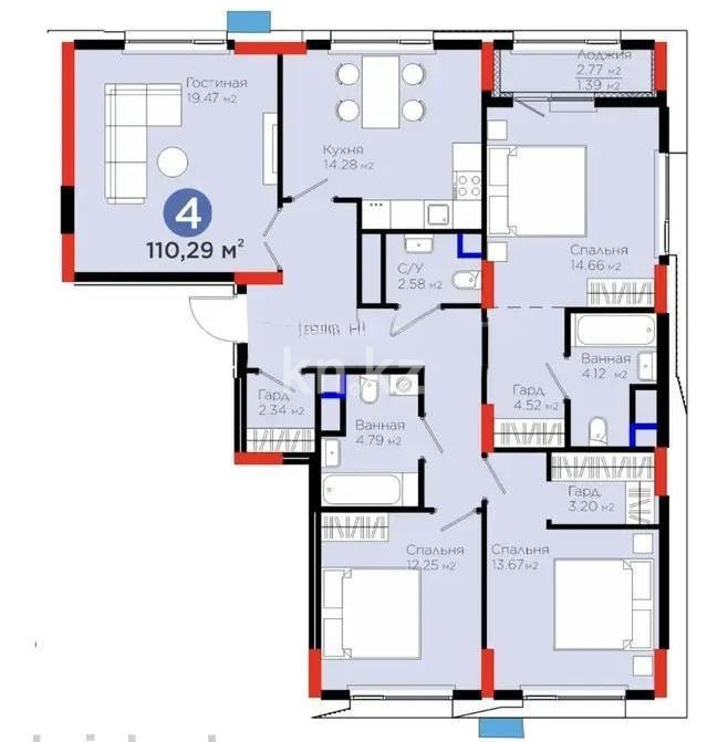 Продажа 4-комнатной квартиры, 110.29 м² в Астане