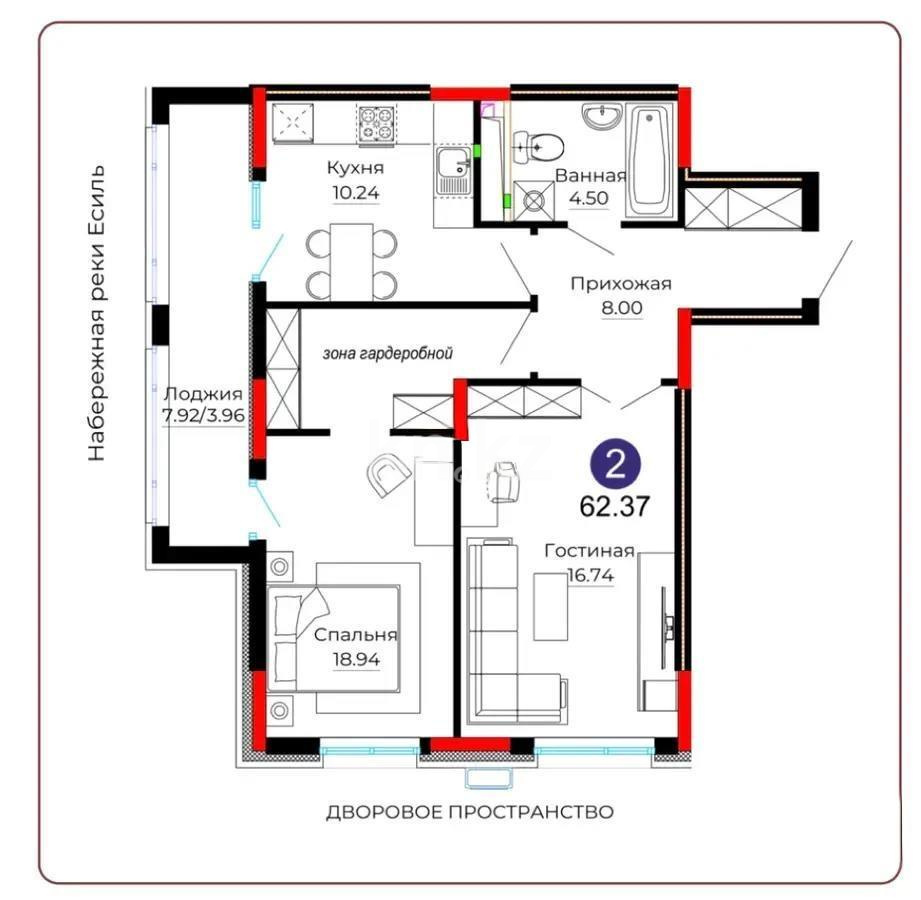 Продажа 2-комнатной квартиры, 63 м², ул. Серкебаева, дом  22 в Астане - фото 3