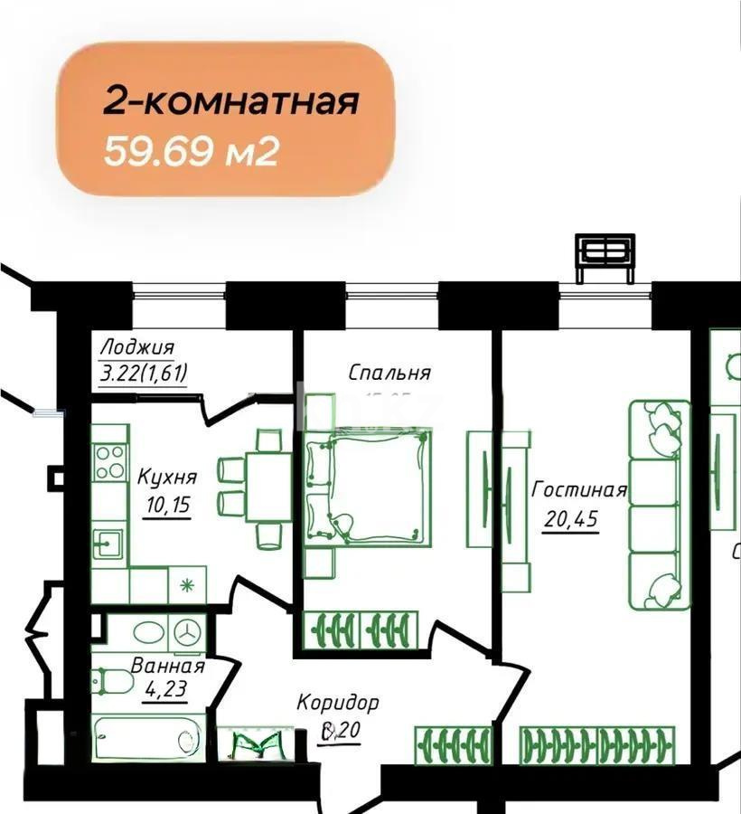 Продажа 2-комнатной квартиры, 60 м² в Астане