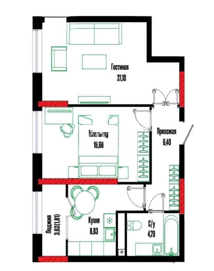 Продажа 2-комнатной квартиры, 59.61 м² в Астане