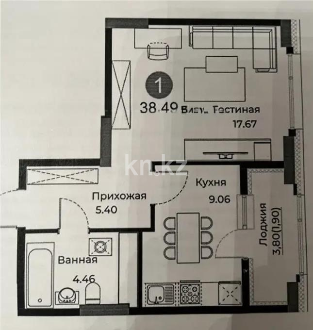 Продажа 1-комнатной квартиры, 38.49 м², ул. Е-429, дом  26 в Астане
