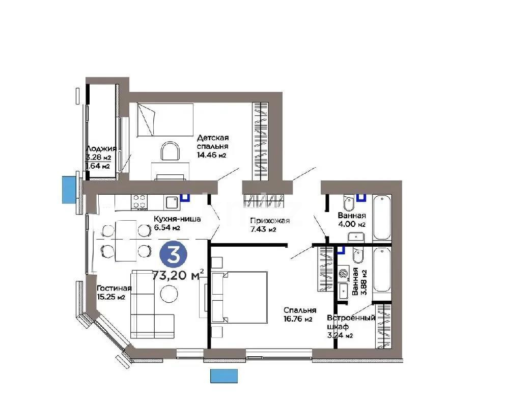 Продажа 3-комнатной квартиры, 73.2 м² в Астане