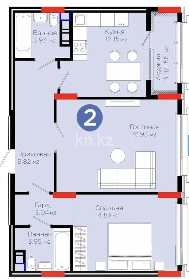 Продажа 2-комнатной квартиры, 69.7 м² в Астане