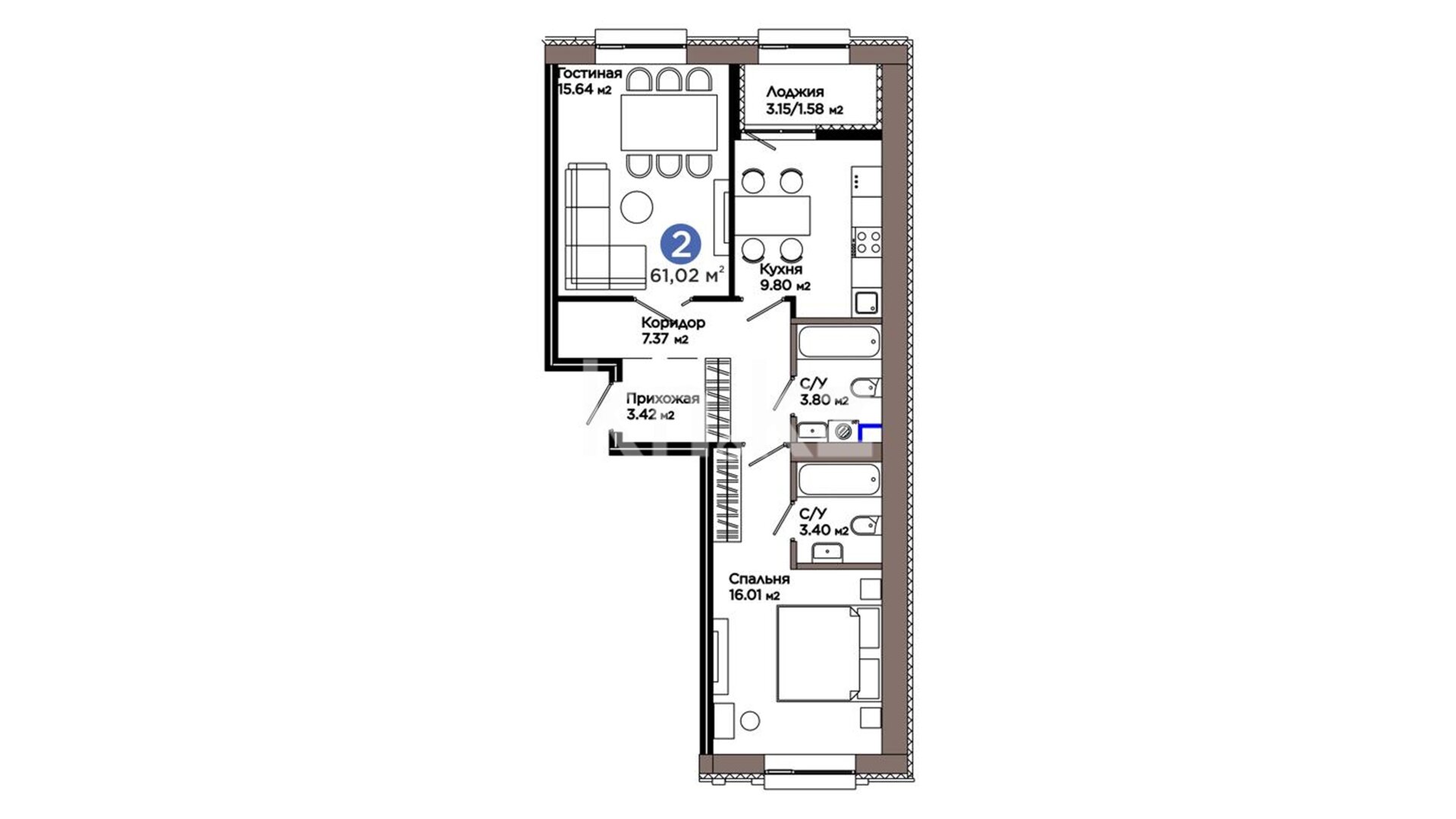 ЖК ŪIA. TARIH, 2-комнатная, цена 35 788 230 ₸, 586 500 ₸&nbsp;/&nbsp;м²