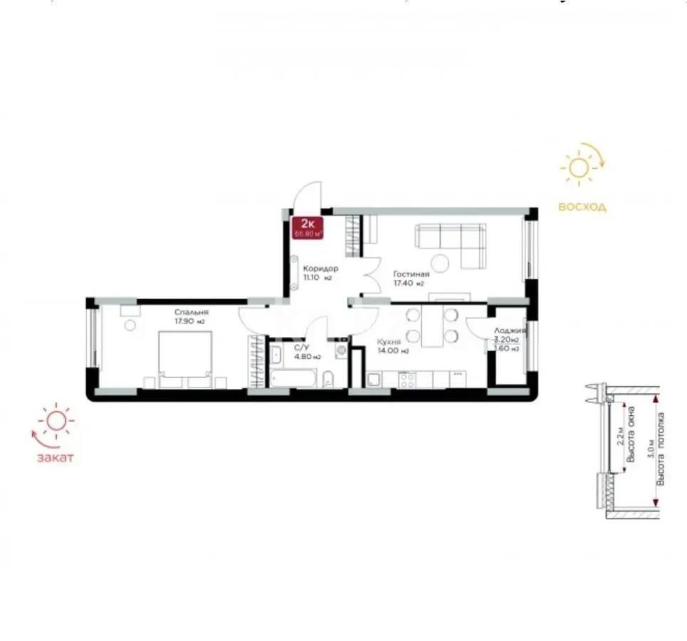 Продажа 2-комнатной квартиры, 66.2 м², ул. Е-36, дом  5 в Астане
