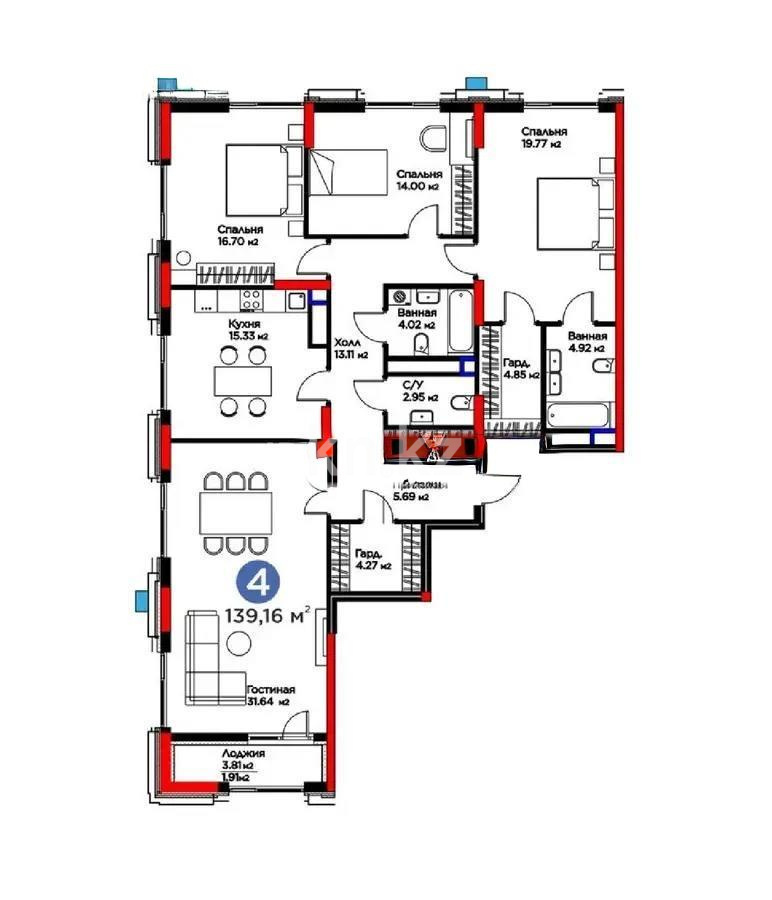 Продажа 4-комнатной квартиры, 139.16 м², ул. Мухамедханова, дом  6/1 стр в Астане