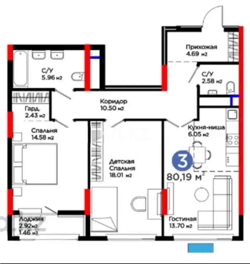 Продажа 3-комнатной квартиры, 80.33 м² в Астане - фото 4