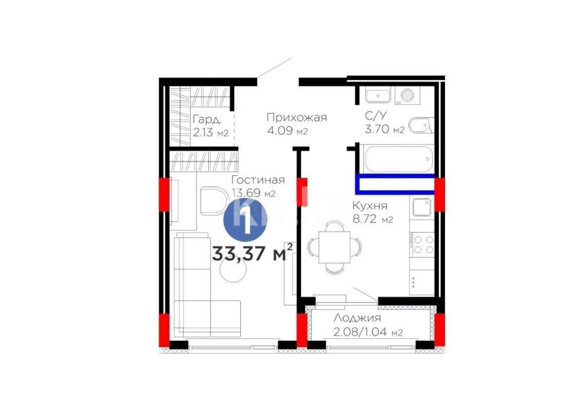 Продажа 1-комнатной квартиры, 33.37 м² в Астане
