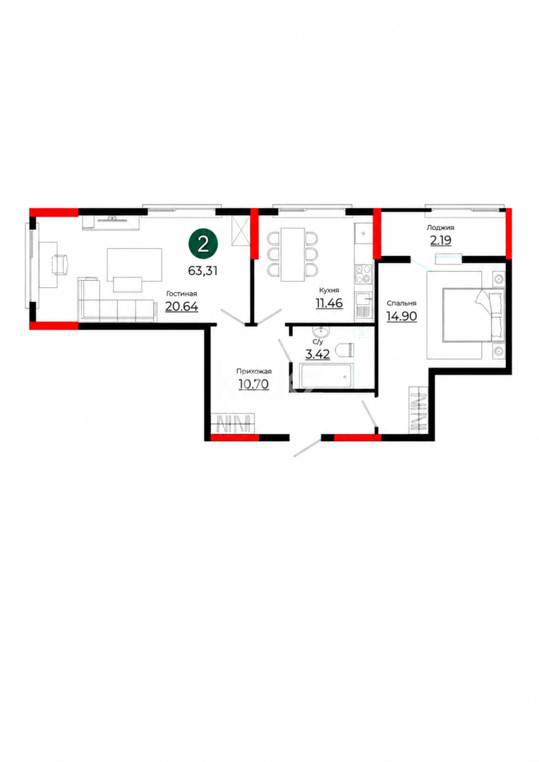 Продажа 2-комнатной квартиры, 63.31 м² в Астане - фото 4