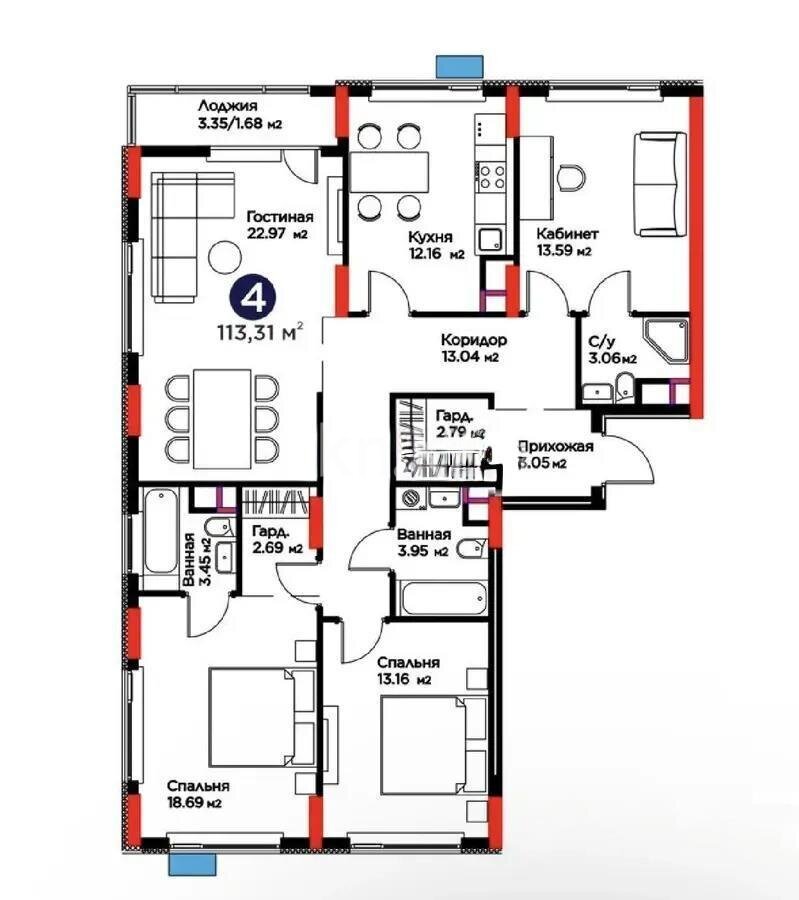 Продажа 4-комнатной квартиры, 113.31 м² в Астане