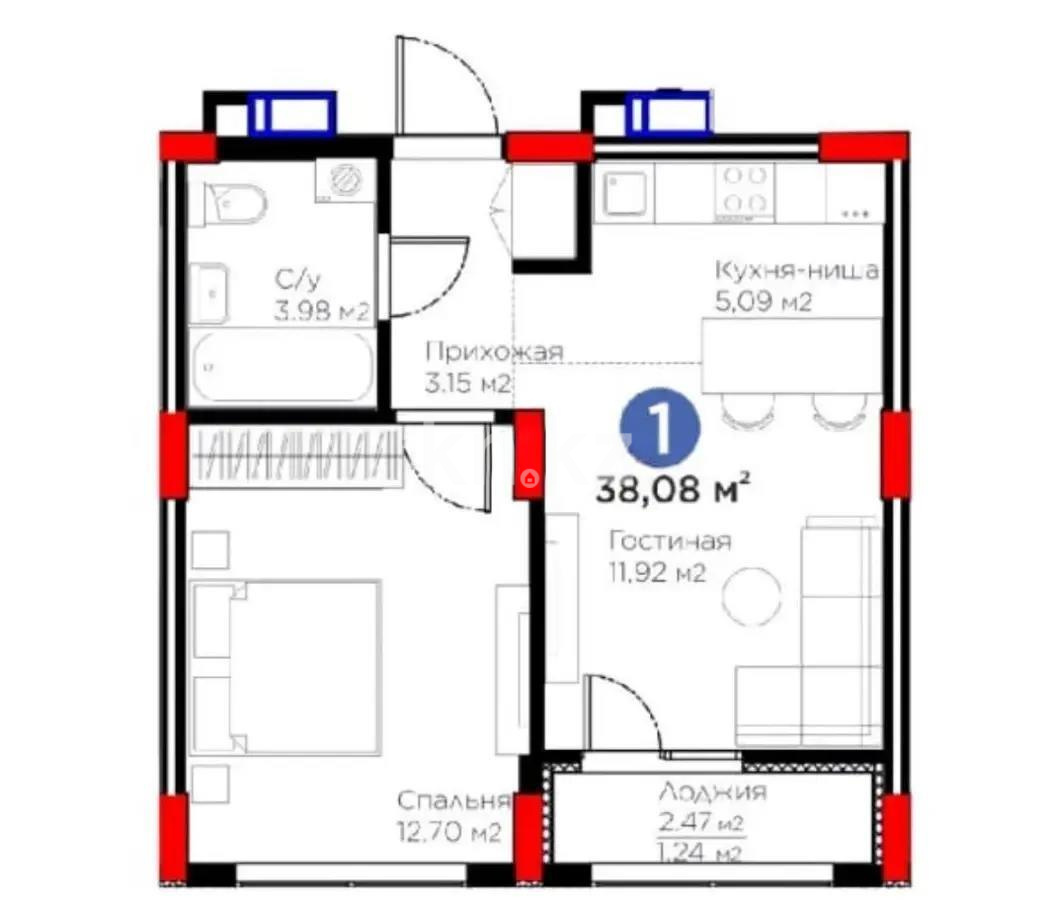 Продажа 2-комнатной квартиры, 37.08 м², пр. Аль-Фараби, дом  46/24 в Астане