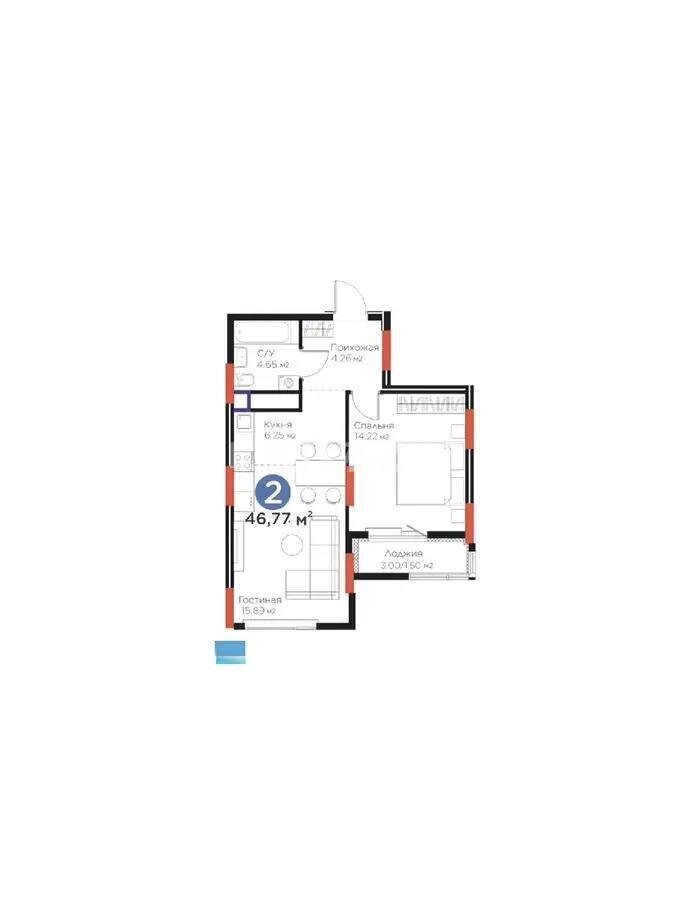 Продажа 2-комнатной квартиры, 46.77 м² в Астане