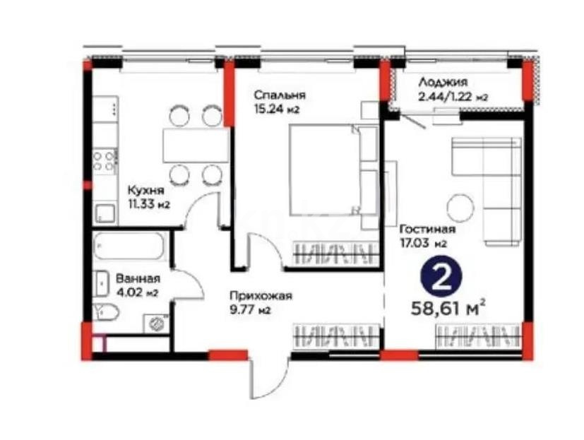 Продажа 2-комнатной квартиры, 58.61 м² в Астане