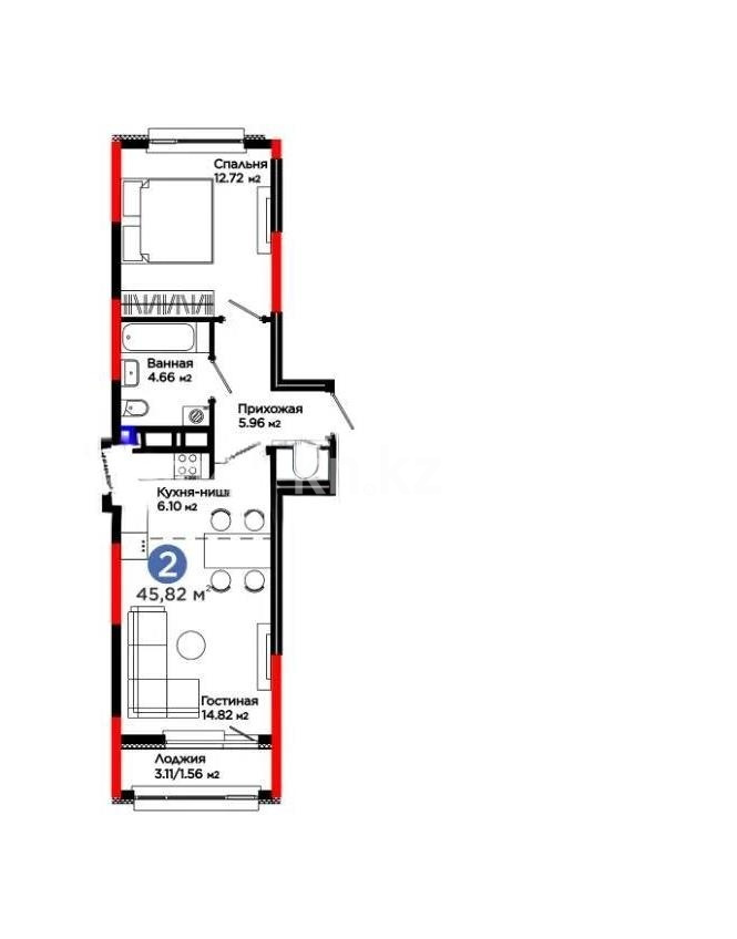 Продажа 2-комнатной квартиры, 45.82 м² в Астане
