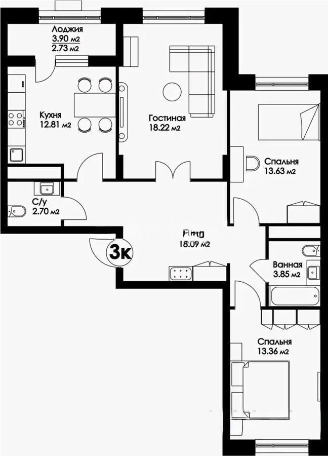 Продажа 3-комнатной квартиры, 85.39 м² в Астане