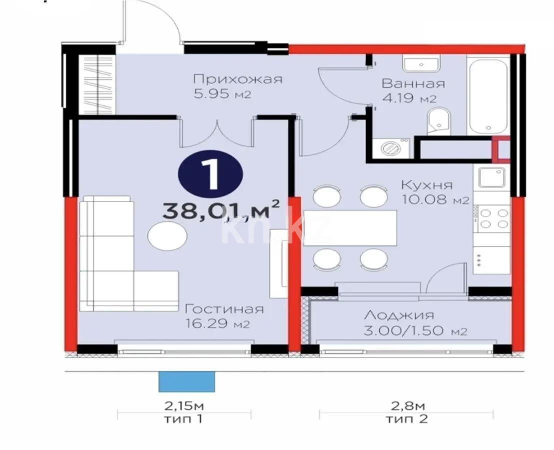 Продажа 1-комнатной квартиры, 38.01 м² в Астане