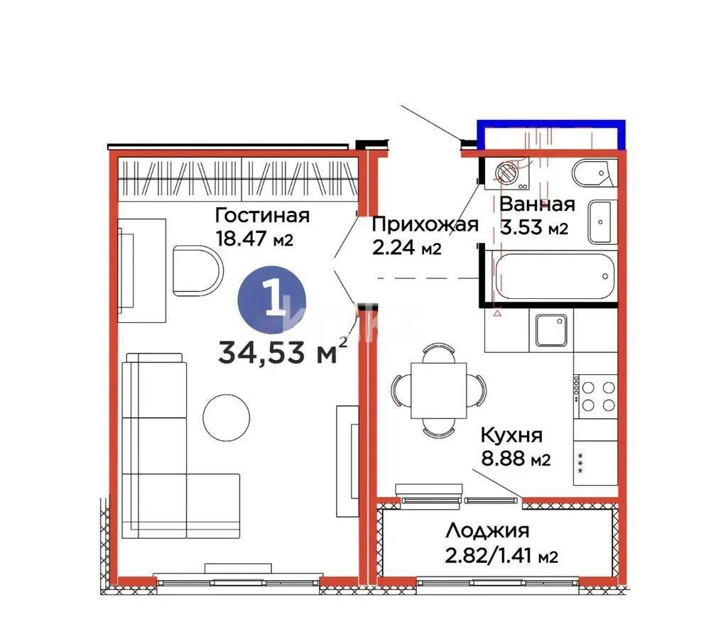 Продажа 1-комнатной квартиры, 34.54 м² в Астане