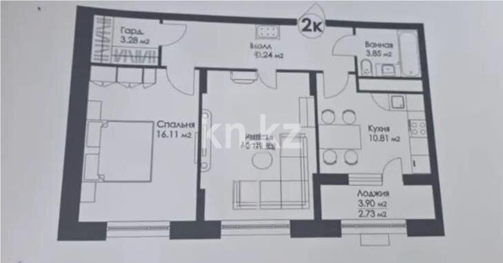 Продажа 2-комнатной квартиры, 63.98 м² в Астане