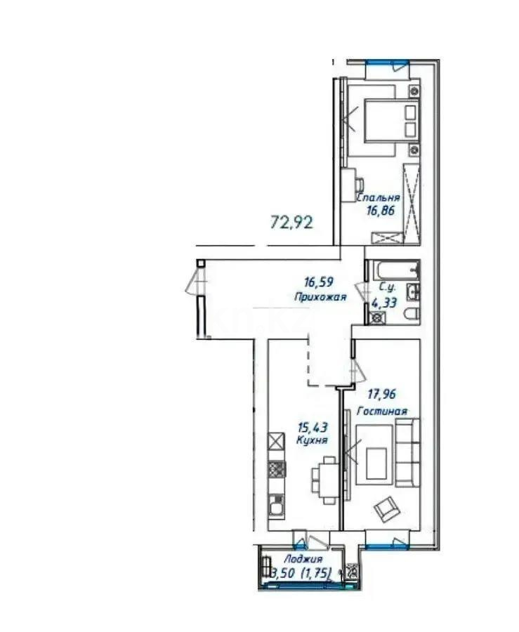 Продажа 2-комнатной квартиры, 72.92 м² в Астане