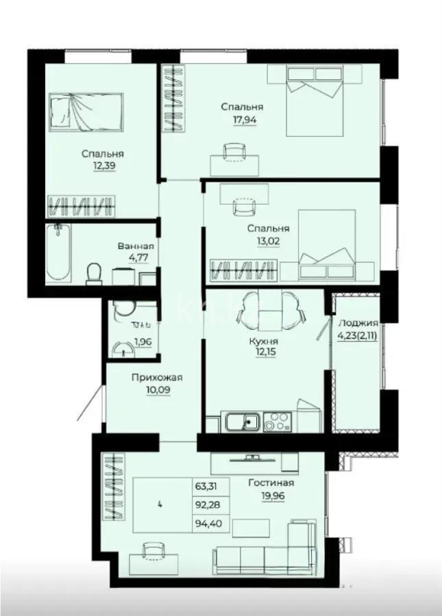 Продажа 3-комнатной квартиры, 76 м² в Астане