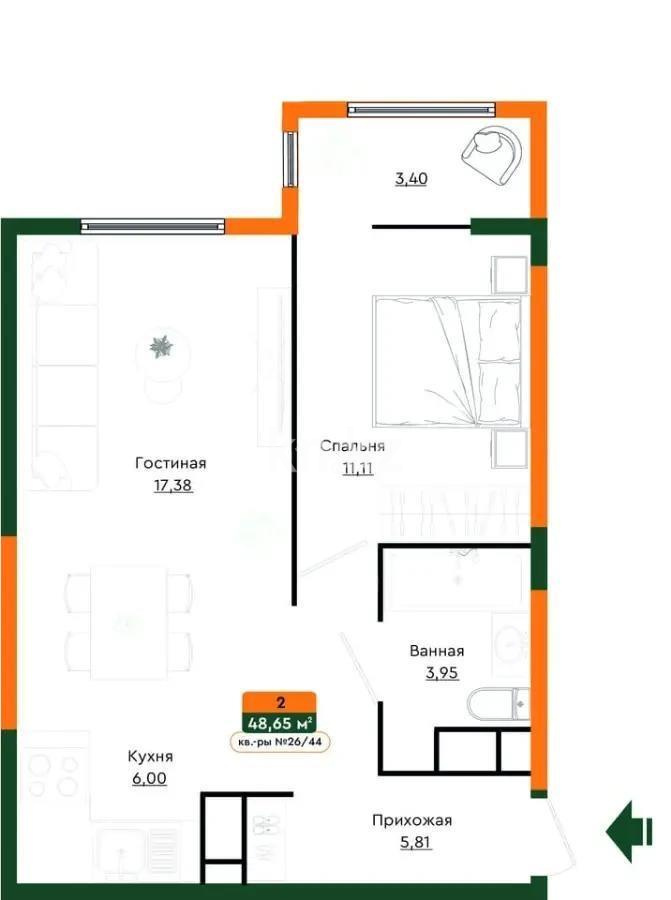 Продажа 2-комнатной квартиры, 48.9 м² в Алматы