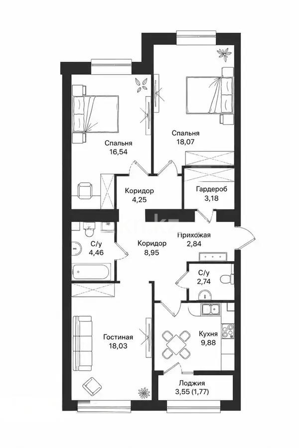 Продажа 3-комнатной квартиры, 90.71 м² в Астане