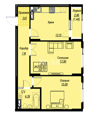 Продажа 2-комнатной квартиры, 62.13 м² в Астане