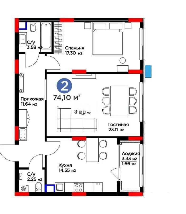Продажа 2-комнатной квартиры, 74.1 м² в Астане