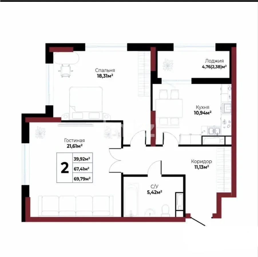Продажа 2-комнатной квартиры, 69.79 м² в Астане - фото 4
